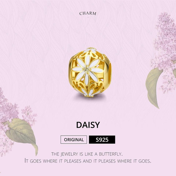 Golden Daisy Sterling Silver Zircon CZ Bead Charm Pendant Bracelet Necklace