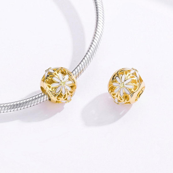 Golden Daisy Sterling Silver Zircon CZ Bead Charm Pendant Bracelet Necklace