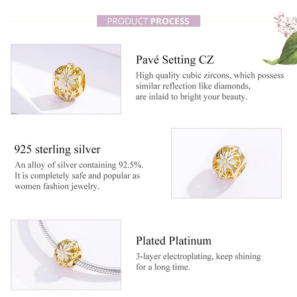 Golden Daisy Sterling Silver Zircon CZ Bead Charm Pendant Bracelet Necklace