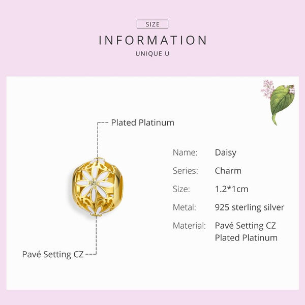 Golden Daisy Sterling Silver Zircon CZ Bead Charm Pendant Bracelet Necklace