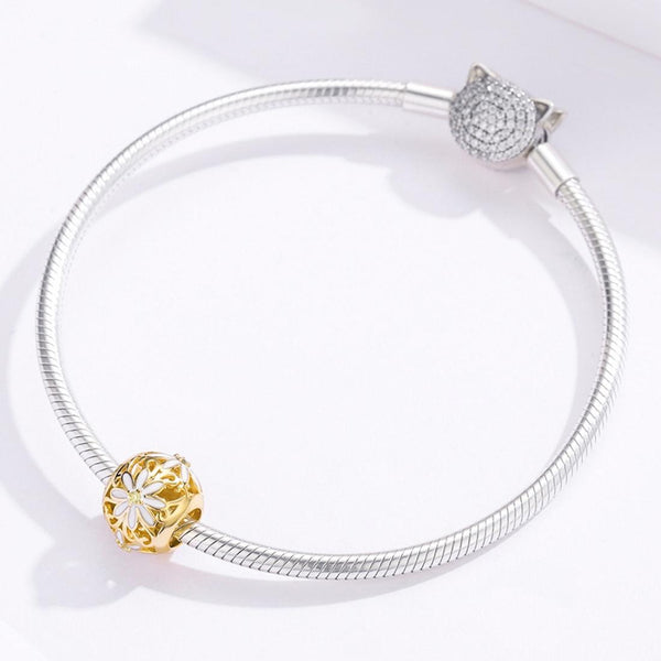 Golden Daisy Sterling Silver Zircon CZ Bead Charm Pendant Bracelet Necklace