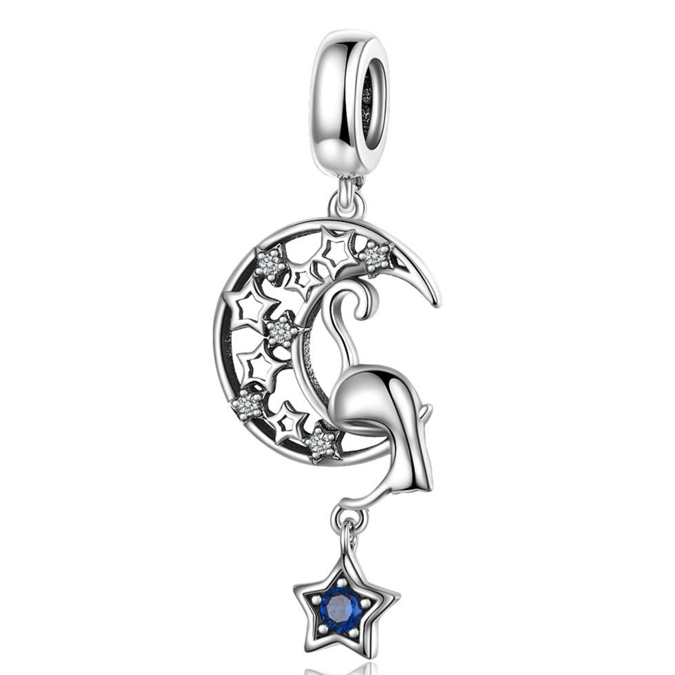 Cat Moon Stars Sterling Silver Zircon CZ Bead Charm Pendant Bracelet Necklace