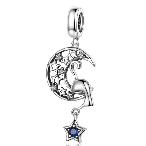 Cat Moon Stars Sterling Silver Zircon CZ Bead Charm Pendant Bracelet Necklace