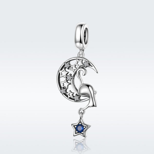 Cat Moon Stars Sterling Silver Zircon CZ Bead Charm Pendant Bracelet Necklace