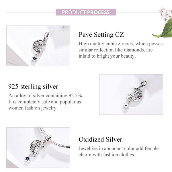 Cat Moon Stars Sterling Silver Zircon CZ Bead Charm Pendant Bracelet Necklace