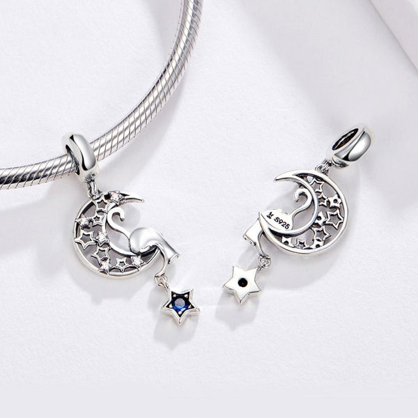 Cat Moon Stars Sterling Silver Zircon CZ Bead Charm Pendant Bracelet Necklace