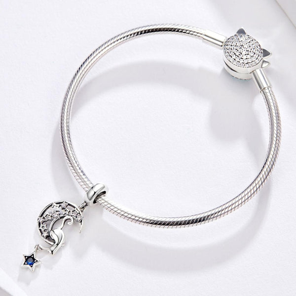 Cat Moon Stars Sterling Silver Zircon CZ Bead Charm Pendant Bracelet Necklace