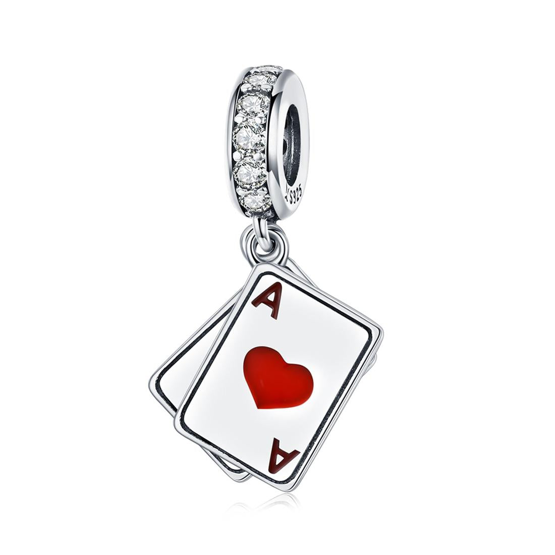Ace Of Hearts Enamel Sterling Silver Zircon CZ Bead Charm Bracelet Necklace