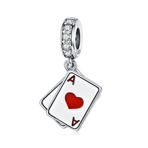 Ace Of Hearts Enamel Sterling Silver Zircon CZ Bead Charm Bracelet Necklace