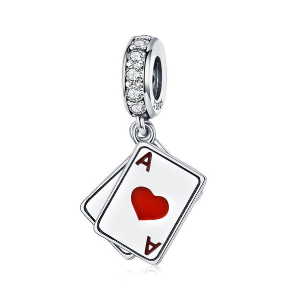 Ace Of Hearts Enamel Sterling Silver Zircon CZ Bead Charm Bracelet Necklace