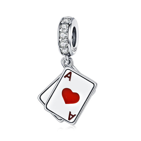 Ace Of Hearts Enamel Sterling Silver Zircon CZ Bead Charm Bracelet Necklace