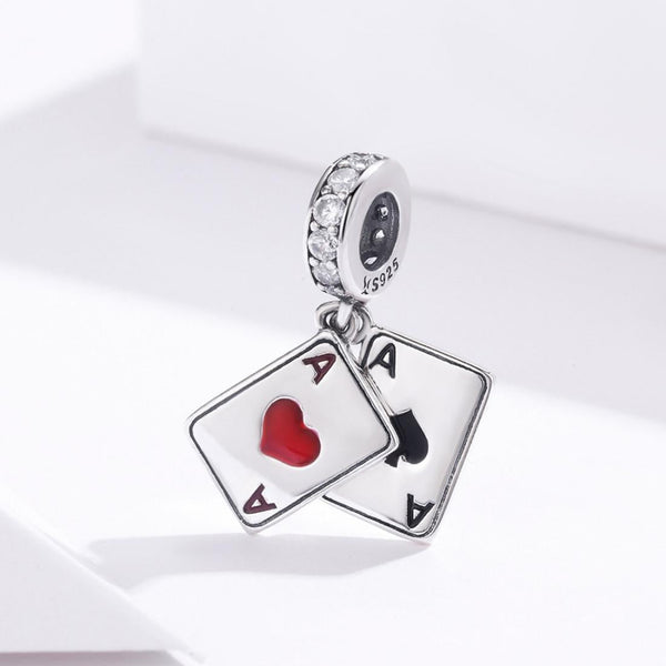 Ace Of Hearts Enamel Sterling Silver Zircon CZ Bead Charm Bracelet Necklace