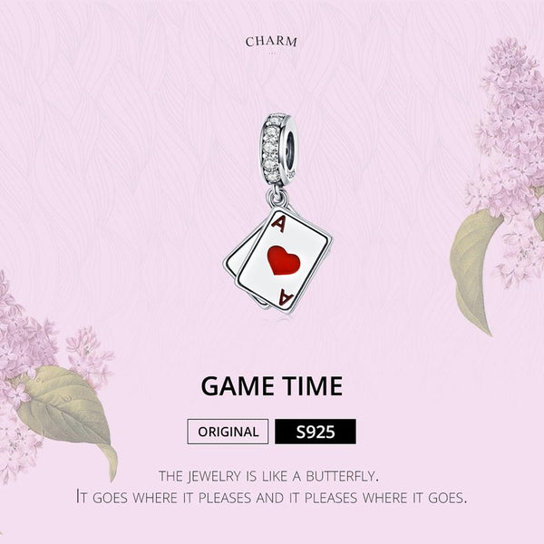 Ace Of Hearts Enamel Sterling Silver Zircon CZ Bead Charm Bracelet Necklace