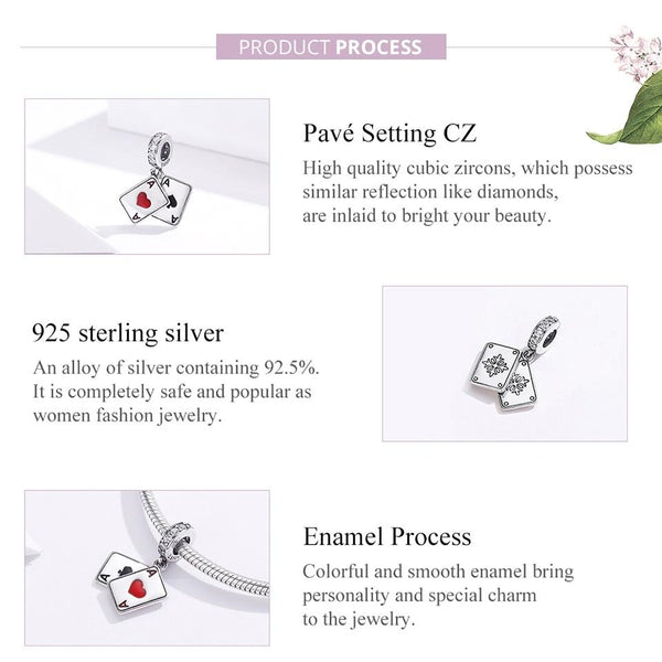 Ace Of Hearts Enamel Sterling Silver Zircon CZ Bead Charm Bracelet Necklace