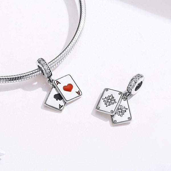 Ace Of Hearts Enamel Sterling Silver Zircon CZ Bead Charm Bracelet Necklace
