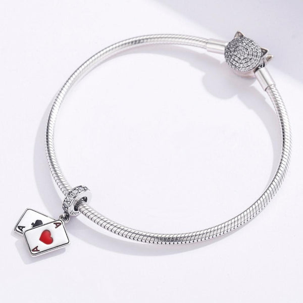 Ace Of Hearts Enamel Sterling Silver Zircon CZ Bead Charm Bracelet Necklace
