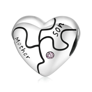 Family Mother Son Heart Sterling Silver CZ Bead Charm Pendant Bracelet Necklace