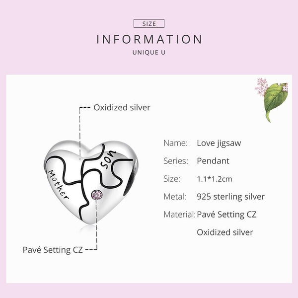 Family Mother Son Heart Sterling Silver CZ Bead Charm Pendant Bracelet Necklace