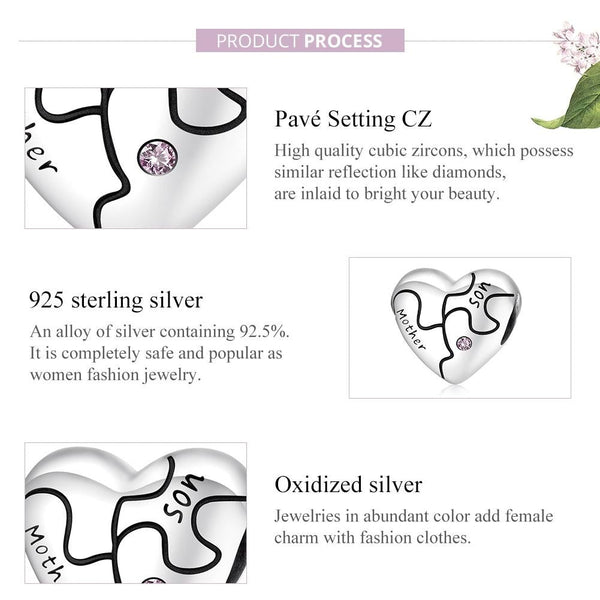 Family Mother Son Heart Sterling Silver CZ Bead Charm Pendant Bracelet Necklace