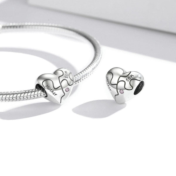 Family Mother Son Heart Sterling Silver CZ Bead Charm Pendant Bracelet Necklace