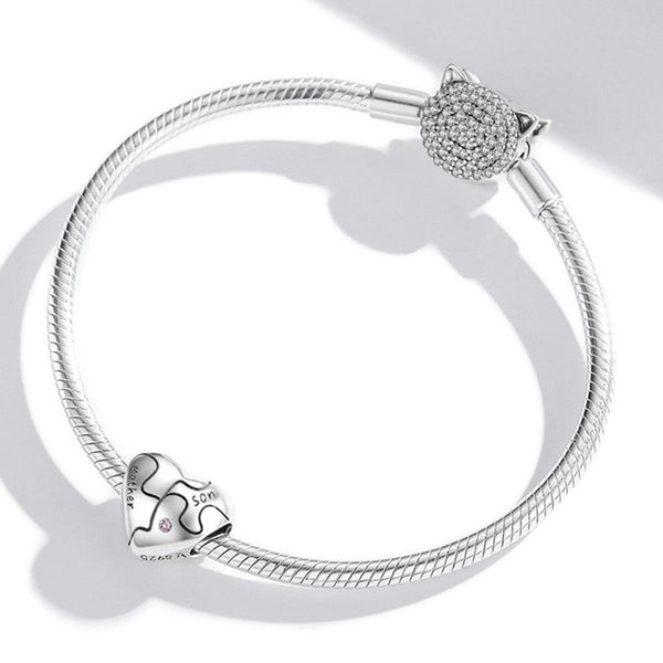 Family Mother Son Heart Sterling Silver CZ Bead Charm Pendant Bracelet Necklace