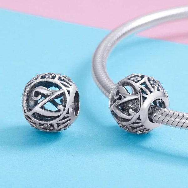 Z Initial Letter Sterling Silver Zircon CZ Bead Charm Bracelet Necklace