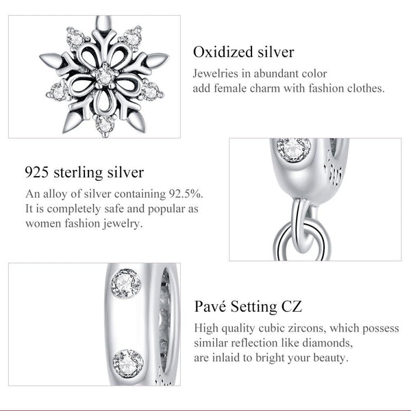 Sparkling Crystal Snowflake Sterling Silver Zircon CZ Bead Charm Bracelet Necklace
