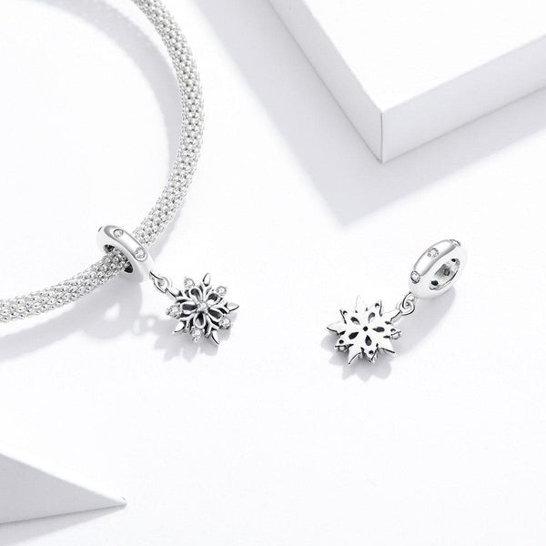 Sparkling Crystal Snowflake Sterling Silver Zircon CZ Bead Charm Bracelet Necklace