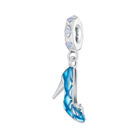 Blue Stiletto Shoe Platinum Plated Sterling Silver Zircon Bead Charm Bracelet Necklace