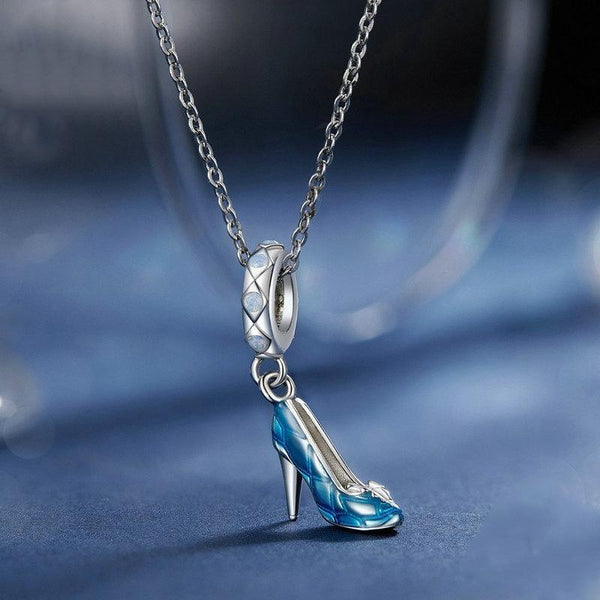 Blue Stiletto Shoe Platinum Plated Sterling Silver Zircon Bead Charm Bracelet Necklace
