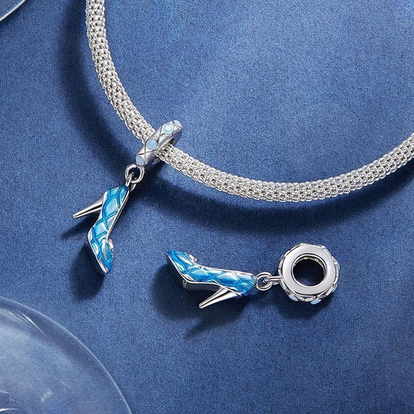Blue Stiletto Shoe Platinum Plated Sterling Silver Zircon Bead Charm Bracelet Necklace