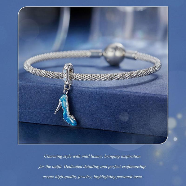 Blue Stiletto Shoe Platinum Plated Sterling Silver Zircon Bead Charm Bracelet Necklace