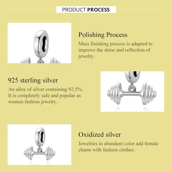 Barbell Weightlifting Sterling Silver Bead Charm Bracelet Necklace