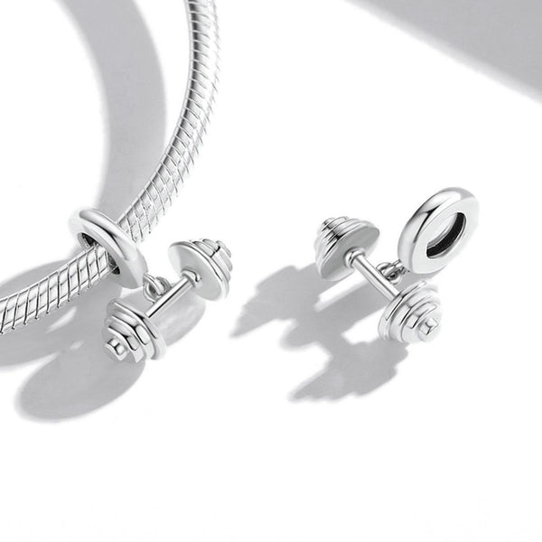 Barbell Weightlifting Sterling Silver Bead Charm Bracelet Necklace