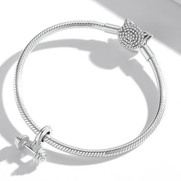 Barbell Weightlifting Sterling Silver Bead Charm Bracelet Necklace