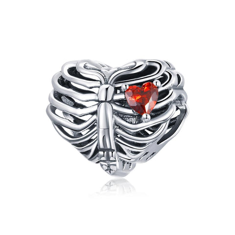 Beating Heart Ribcage Sterling Silver Zircon CZ Bead Charm Bracelet Necklace