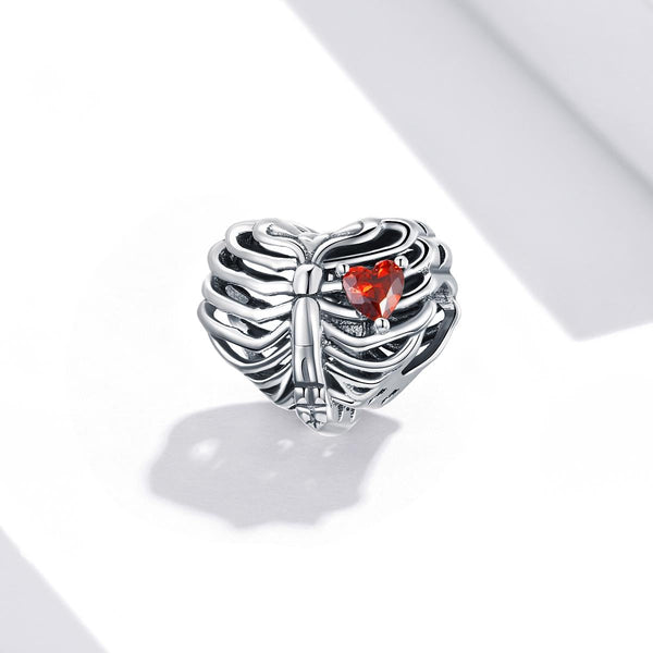 Beating Heart Ribcage Sterling Silver Zircon CZ Bead Charm Bracelet Necklace