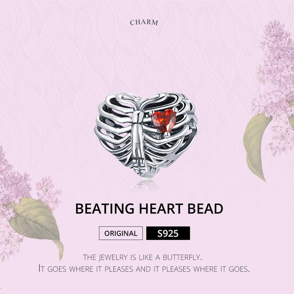 Beating Heart Ribcage Sterling Silver Zircon CZ Bead Charm Bracelet Necklace