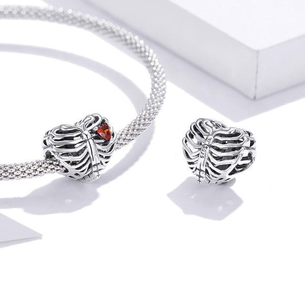Beating Heart Ribcage Sterling Silver Zircon CZ Bead Charm Bracelet Necklace