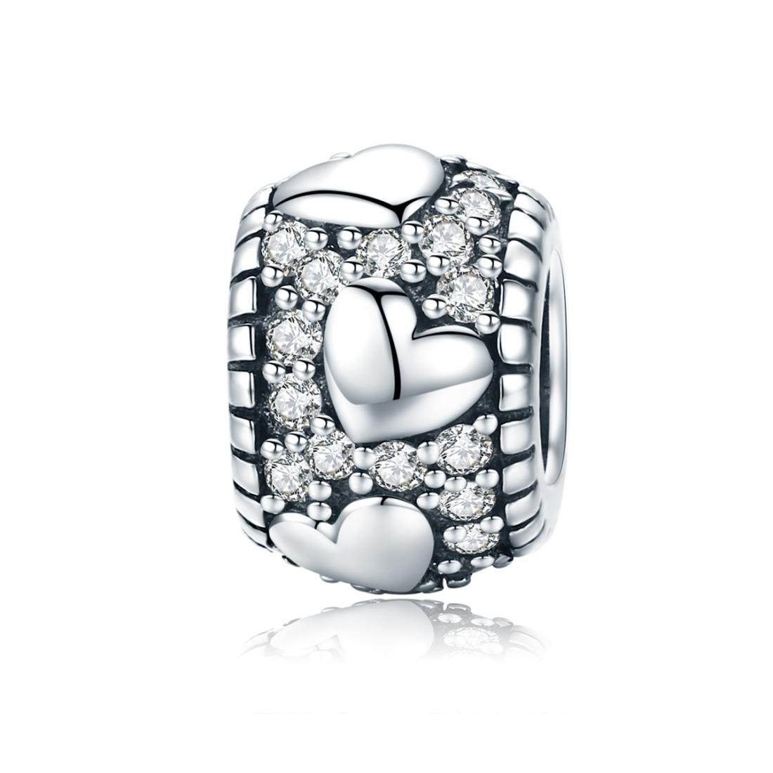 Pave Crystal Hearts Sterling Silver Zircon CZ Spacer Bead Charm Bracelet Necklace