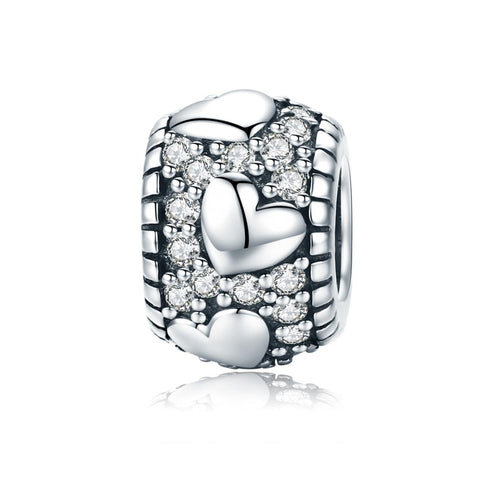 Pave Crystal Hearts Sterling Silver Zircon CZ Spacer Bead Charm Bracelet Necklace