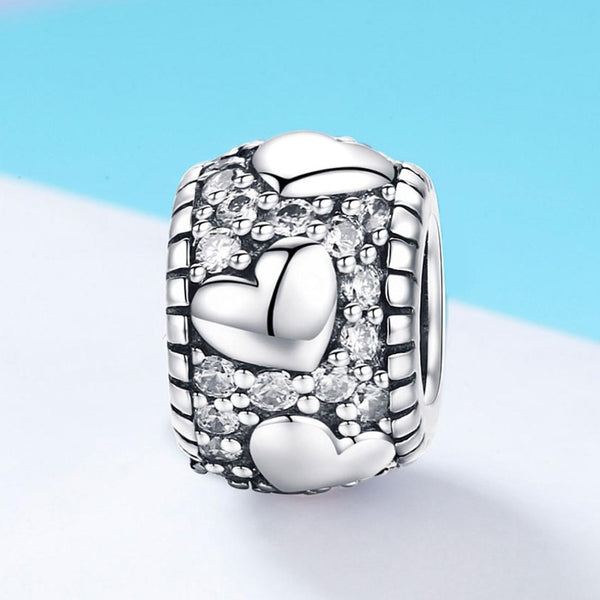 Pave Crystal Hearts Sterling Silver Zircon CZ Spacer Bead Charm Bracelet Necklace