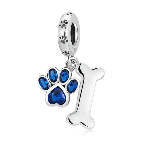 Dog Paw Print Bone Sterling Silver Zircon CZ Bead Charm Bracelet Necklace