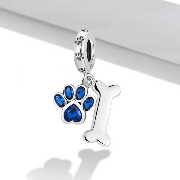 Dog Paw Print Bone Sterling Silver Zircon CZ Bead Charm Bracelet Necklace
