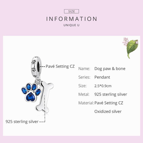 Dog Paw Print Bone Sterling Silver Zircon CZ Bead Charm Bracelet Necklace