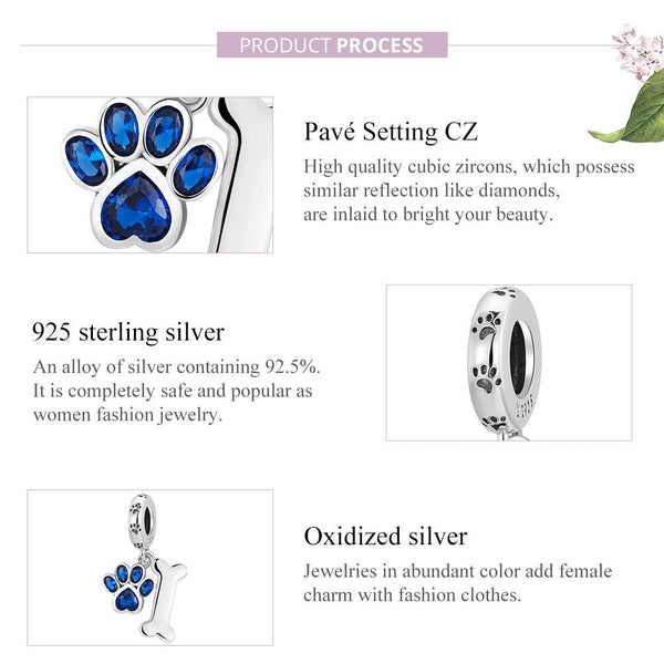 Dog Paw Print Bone Sterling Silver Zircon CZ Bead Charm Bracelet Necklace