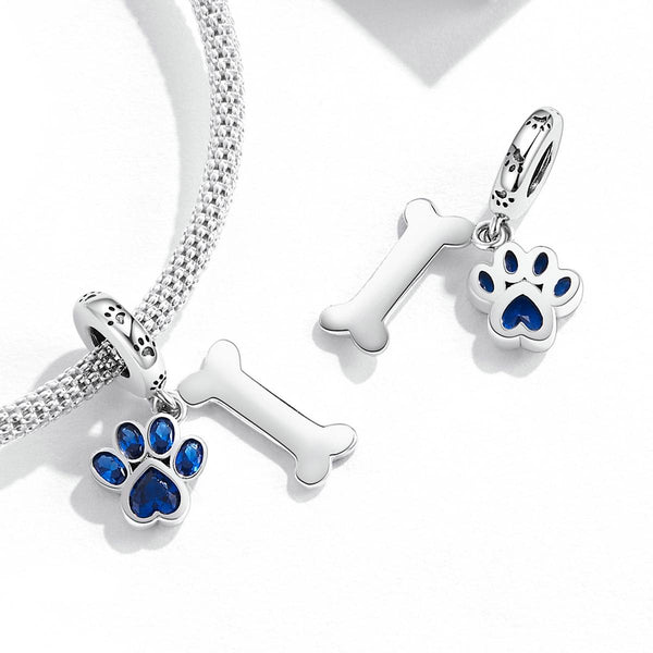 Dog Paw Print Bone Sterling Silver Zircon CZ Bead Charm Bracelet Necklace