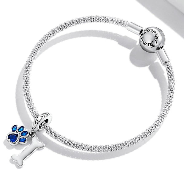 Dog Paw Print Bone Sterling Silver Zircon CZ Bead Charm Bracelet Necklace