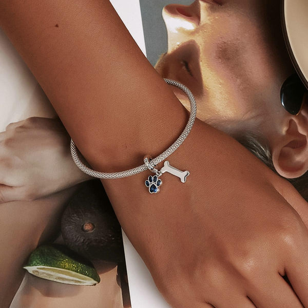 Dog Paw Print Bone Sterling Silver Zircon CZ Bead Charm Bracelet Necklace