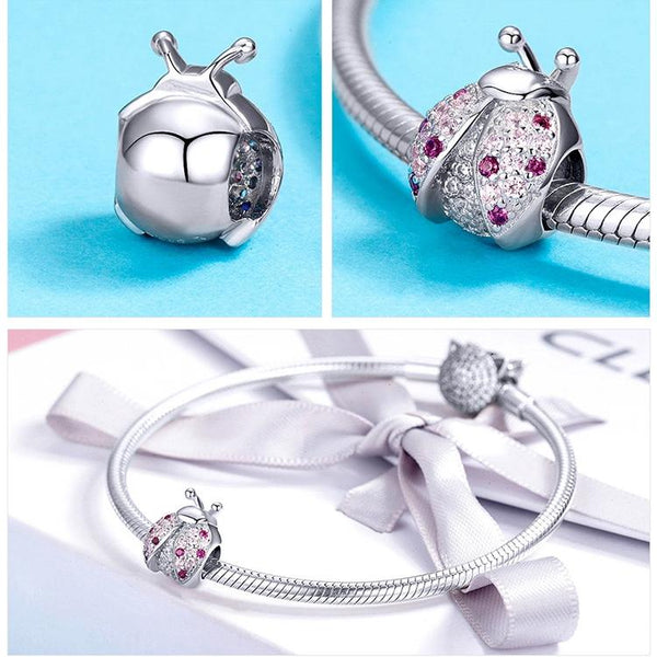 Ladybird Platinum Plated Sterling Silver Zircon CZ Bead Charm Bracelet Necklace